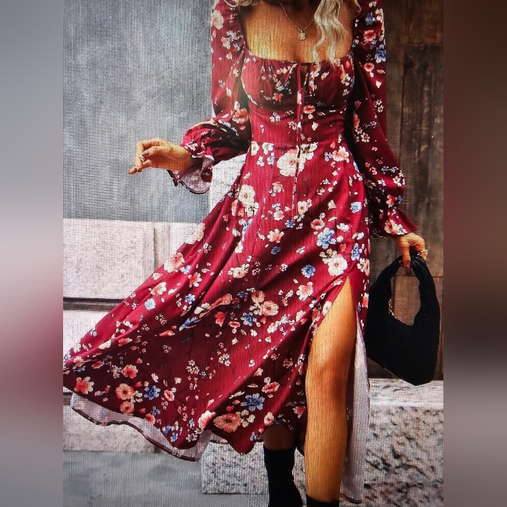 Floral Print Flounce Sleeve Tie Front Split Thigh Dress Size 12 (XL)